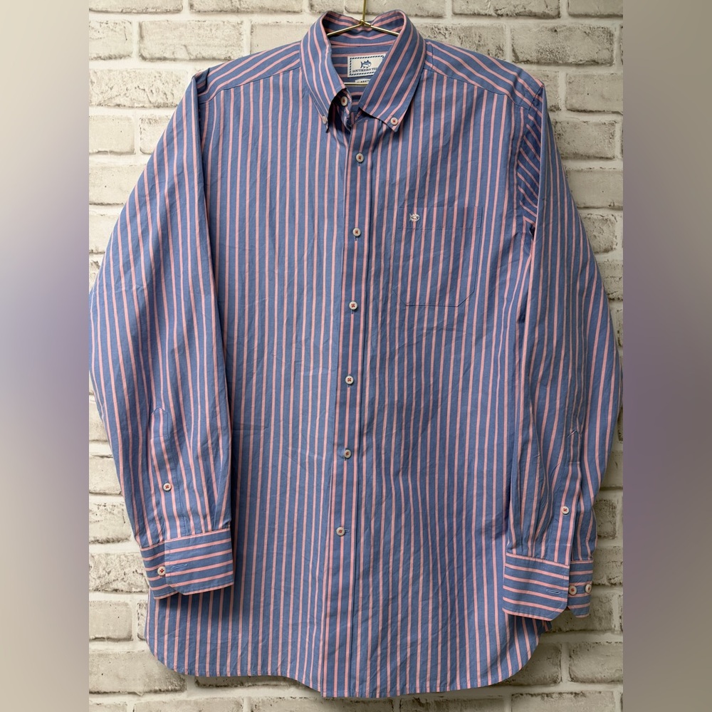 Southern Tide Men's sz Med. Pink/Blue Striped Button-Down Shirt